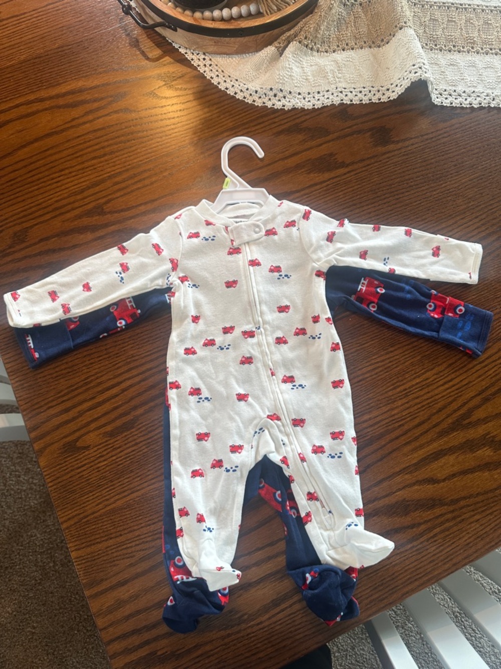 Carter's White & Navy Fire Truck Footed One-Piece set